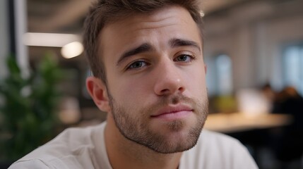 Obraz premium Close up portrait of a young man with a thoughtful expression in a modern co working space
