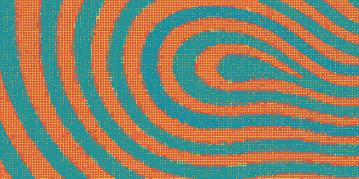 Abstract swirling pattern with orange and teal dot matrix textures