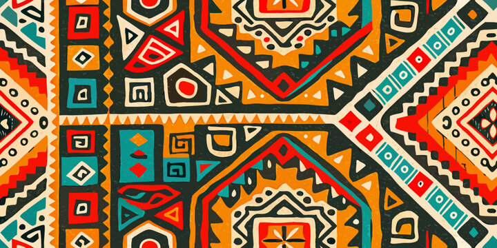 Colorful geometric pattern with tribal and ethnic inspired design elements