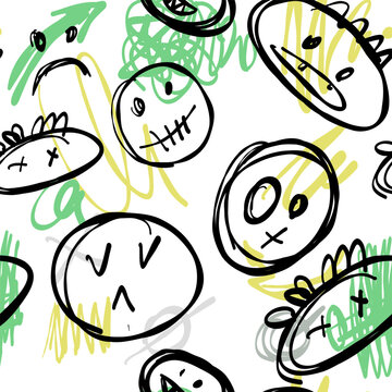 Abstract seamless pattern with smileys, lines, and shapes, vector sketch