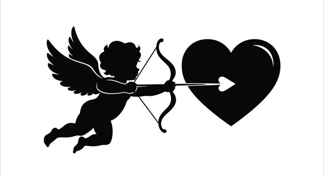 Cupid aims an arrow through a heart a romantic illustration silhouette
