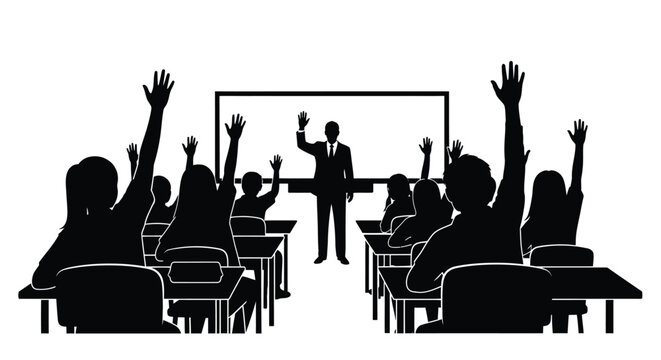 Classroom scene with students raising hands and a teacher silhouette