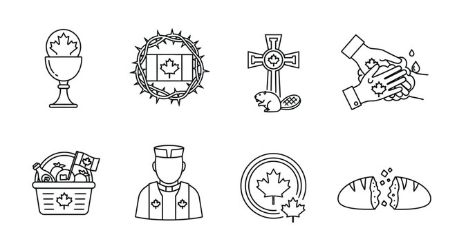 Canadian religious symbols and icons in a minimalistic line art style