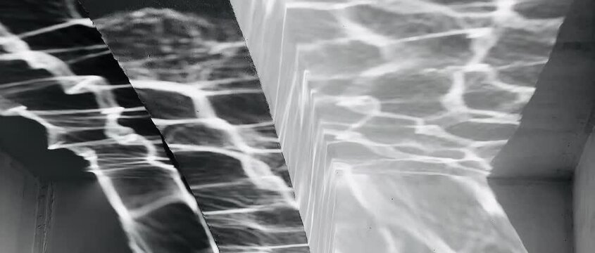 The abstract reflection of rippled water creates dynamic patterns of light on the concrete wall, capturing movement, texture, and the interplay of natural light.
