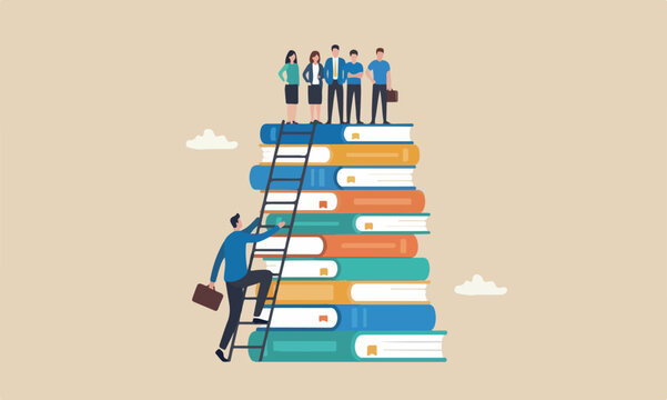 Business pillars teams together challenge and personal improvement, reading list concept, businessman climb up ladder on books stack for good vision