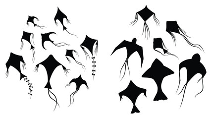 Collection of diverse kite shapes displayed in a striking silhouette © Md