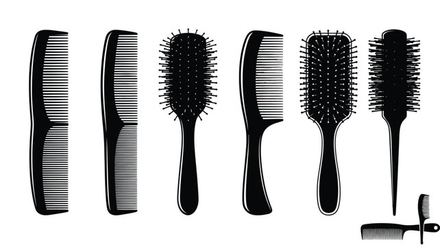 Various hair combs and brushes arranged in a striking silhouette