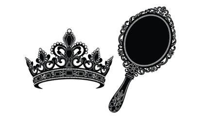 Ornate crown and hand mirror depicted in a striking black silhouette © Md