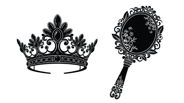 Elegant crown and ornate hand mirror in black a striking silhouette