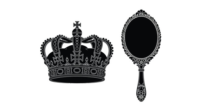 Regal objects including a crown and hand mirror in silhouette