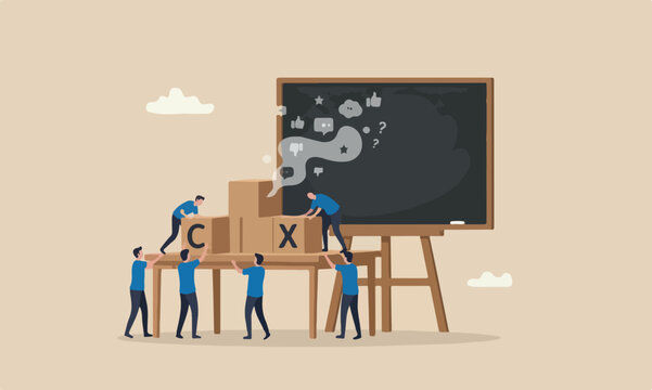 Customer industrial with blue team uniform building cube wooden block with acronym CX on table with blackboard, user review or feedback