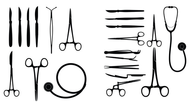 Collection of surgical instruments and medical tools in black silhouette