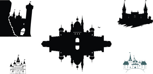 Fototapeta premium Pack of Castle Silhouette Outline Icon with Stroke Design on White Background Flat Line Art Illustration of Medieval Fortress, Architecture, and Historic Concept