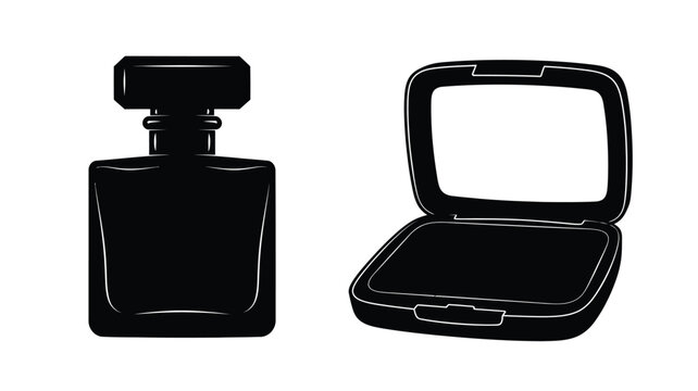 Black cosmetic bottles and compact a striking graphic silhouette