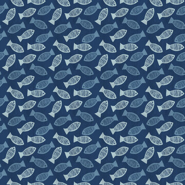 Tossed fish Pattern, hand drawn, minimal modern coastal nautical block print in indigo blue