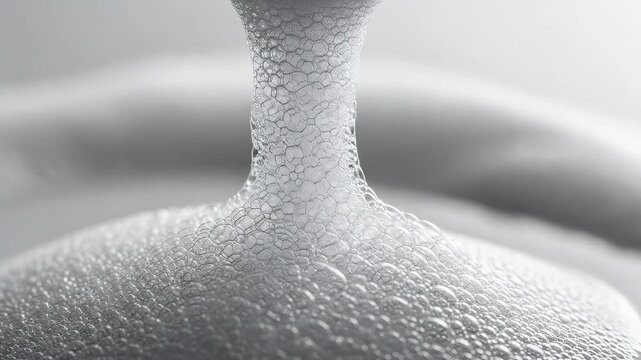 White cosmetic foam pouring onto pile. Liquid skincare product texture flowing smoothly. Cleansing gel or spf cream bubbles for beauty treatment advertisement.