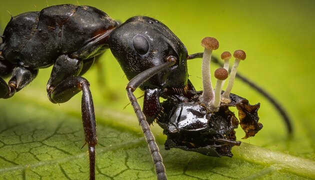 Macro-Focus: Ant with Fungus: An ant, carrying a parasitic fungus on a leaf, demonstrating the intricate balance of the natural world. This image captures the beauty of small creatures.