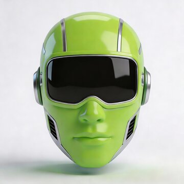 Futuristic Helmet Design: A sleek, bright green helmet with a visor and a smooth, futuristic aesthetic.