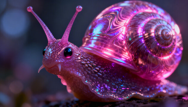 Enchanting Luminescence: A close-up shot of a radiant snail, its shell gleaming with iridescent pink hues.