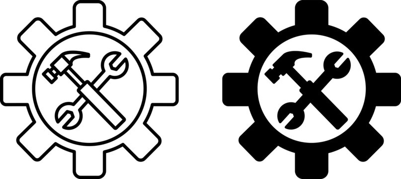 Maintenance Icons. Line and Glyph Vector Icons. Gear, Wrench, and Hammer. Preventive Maintenance Measures for Equipment Operation and Functionality. Repair and Service Concept