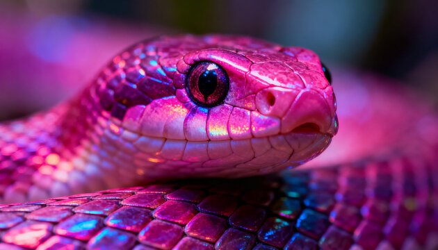 Serpentine Majesty: A vibrant and captivating image of a snake, its scales glistening with a spectrum of vivid colors and mesmerizing eyes. 