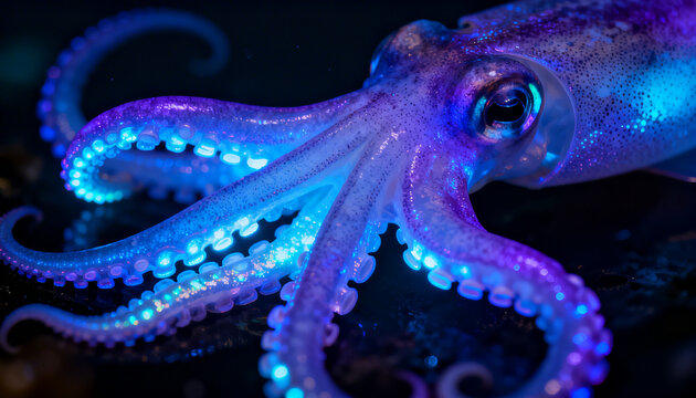 Glow-in-the-Dark Cephalopod: Witness the extraordinary beauty of a bioluminescent squid, its tentacles illuminated with an ethereal, glowing display. 