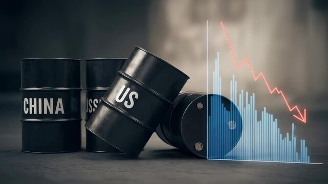 Oil barrel with geopolitical label and falling stock market graph. Economic crisis and financial decline concept during international trade war and energy instability.