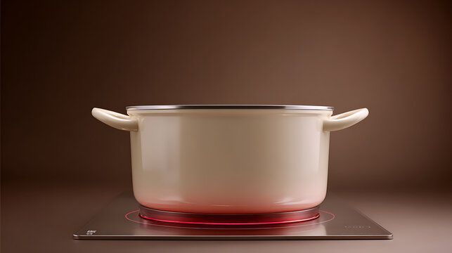 Creamy white pot on an active hot induction cooktop with glowing red heat ring against a warm brown background, modern kitchen aesthetic