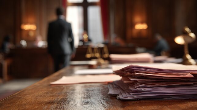 Employment Tribunal Scene With Claimant Presenting Case at Hearing Desk in Formal Setting With Organized Documents and Tribunal Room Background