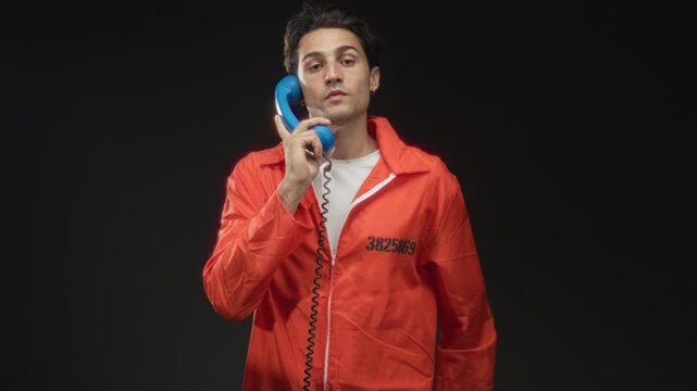 Man inmate in orange jumpsuit holds a blue telephone receiver to cheek while folding arms in studio; melancholy solitude.