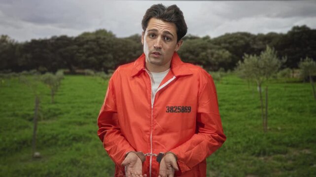 Young man in orange jumpsuit with handcuffs shows open hands and shrugs in a forest; remorse isolation.