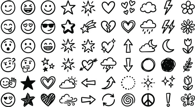 A collection of various emoticon and symbol icons in black and white
