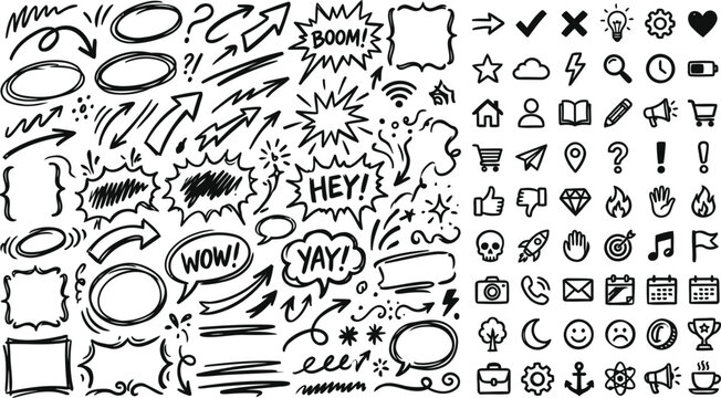 A collection of various comic book style speech bubbles and icons on a white background