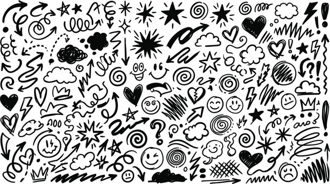A playful collection of hand-drawn doodles and symbols on a white background