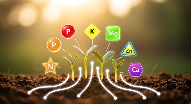 Healthy young plants growing in soil, absorbing essential mineral nutrients. 3D illustration with glowing icons for Nitrogen, Phosphorus, Potassium, Magnesium, Zinc, and Calcium.