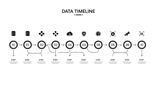 : Minimalist Black and White Flowchart Featuring Numbered Steps, Connection Lines, and Technical Icons for Strategic Project Management and Planning.