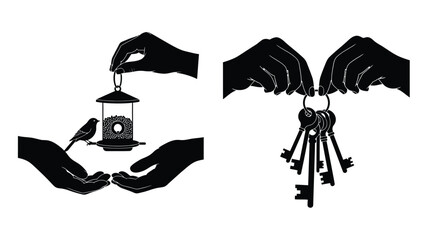 Hands holding birdcage keys and bird in a striking silhouette © MDShawon
