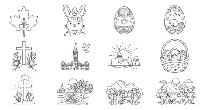 Canadian themed line art featuring Easter eggs maple leaves and national symbols