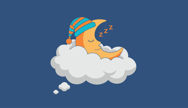 Sleepy crescent moon wearing colorful sleep cap resting on fluffy cloud