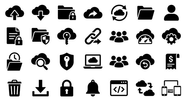 Collection of modern flat icons representing cloud computing data storage security and network services for digital technology and online business concepts
