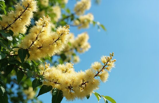 Bright yellow flowers bloom on branches against clear blue sky. Rich green leaves contrast with delicate blossoms. Sunlight illuminates tiny flower stamens. Nature detail of flowering tree.