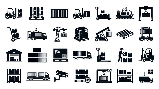 Logistics and Supply Chain Icons Set Warehouse Delivery Transportation and Cargo Icons for Business and Industry Concepts