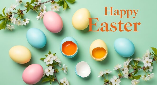 Happy easter monday celebration with colorful eggs and flowers