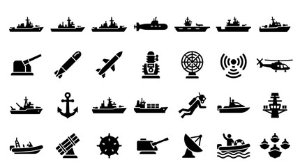 Obraz premium Collection of military naval and defense icons representing ships submarines weapons and technology for strategic operations and security concepts