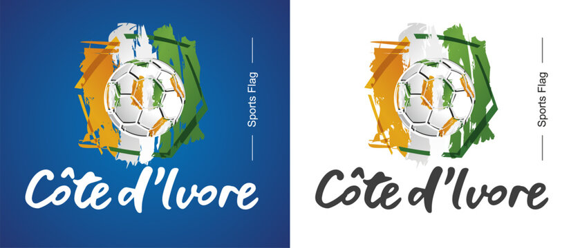 Abstract C?te d'Ivoire national flag ribbon soccer ball sport icon label banner handwritten typography lettering