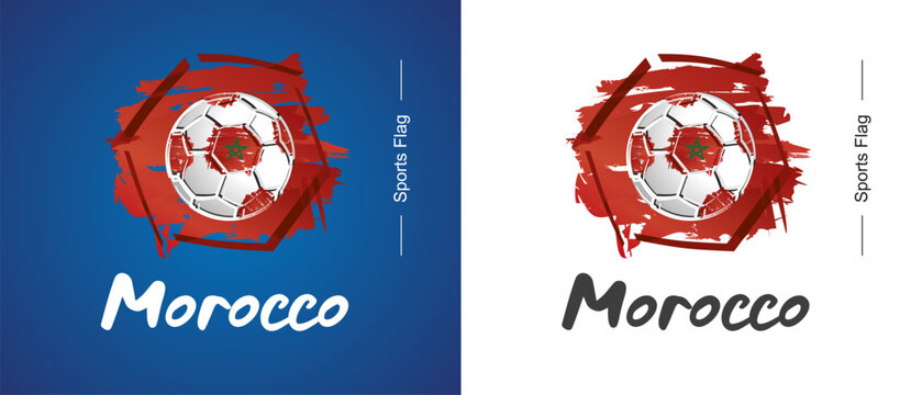 Abstract Morocco national flag ribbon soccer ball sport icon label banner handwritten typography lettering