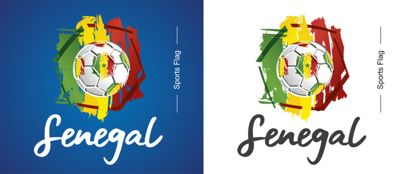 Abstract Senegal national flag ribbon soccer ball sport icon label banner handwritten typography lettering