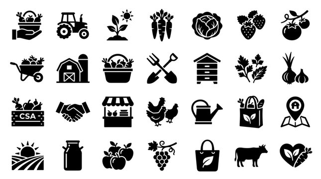 Collection of farm and agriculture icons representing healthy food production, rural life, and organic farming concepts