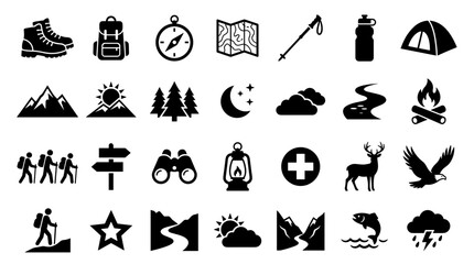 Collection of hiking and outdoor adventure icons representing camping, navigation, nature, and survival gear for travel and exploration themes © Iconique Studio