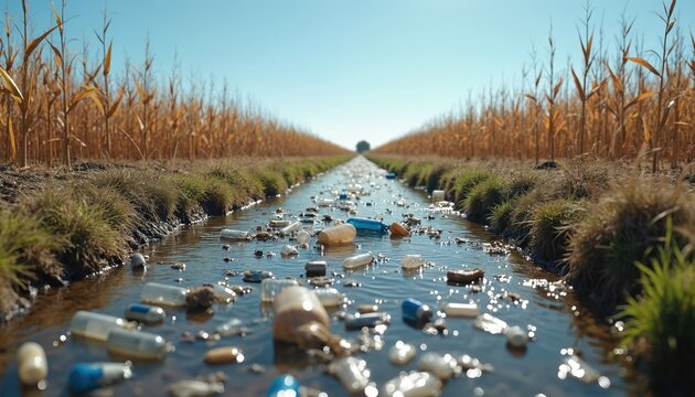 Polluted irrigation ditch flows between corn fields. Plastic bottles and trash float on water surface. Agricultural runoff contaminates rural stream environment under clear sky.